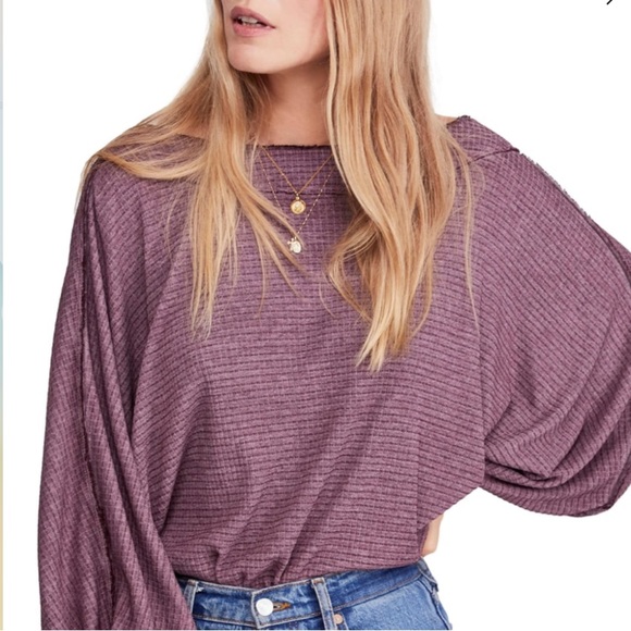 FREE PEOPLE Willow Thermal Oversized Top Waffle Knit In Wine Purple Size Medium - Picture 3 of 15
